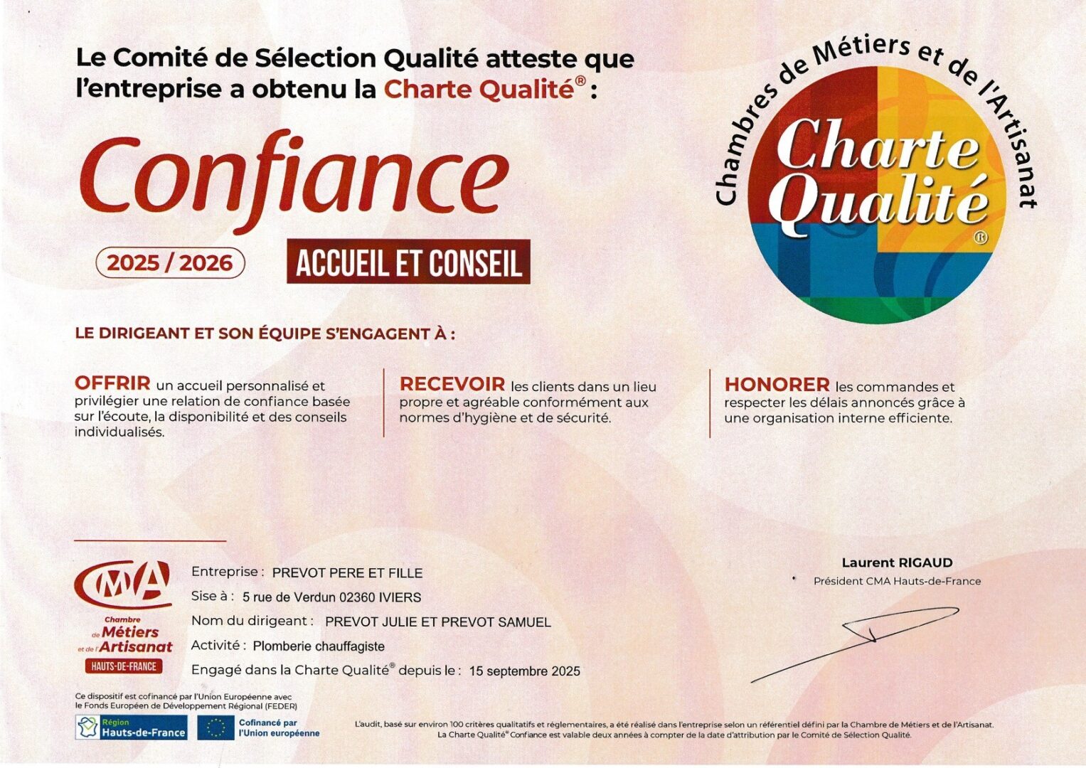 Charte de confiance iviers plombier chauffage